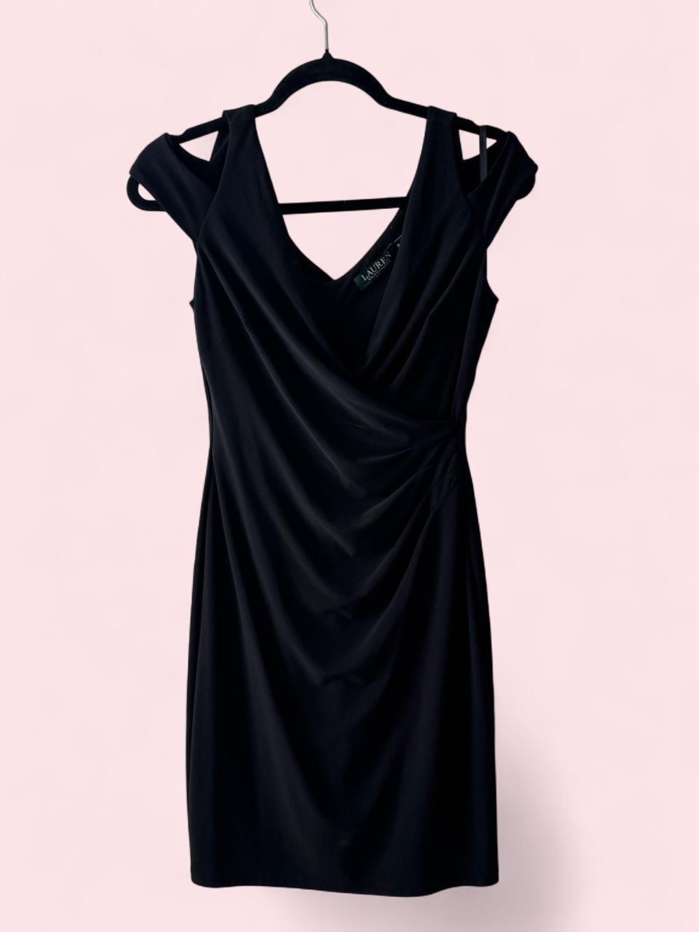 Ralph Lauren Black Draped V-Neck Midi Dress with Shoulder Cutouts